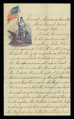 Photograph of a manuscript letter with patriotic letterhead illustration in the upper left corner.